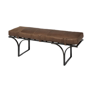 Rectangular Metal/Matte-Black Antiqued Brown Genuine Leather Seat Accent Bench