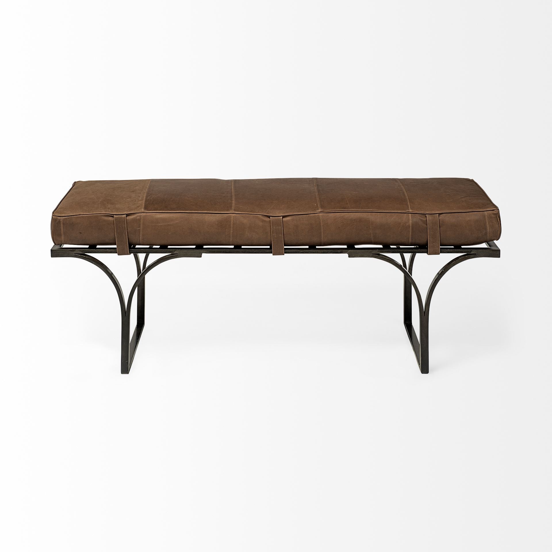 Rectangular Metal/Matte-Black Antiqued Brown Genuine Leather Seat Accent Bench