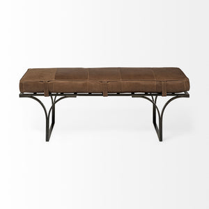 Rectangular Metal/Matte-Black Antiqued Brown Genuine Leather Seat Accent Bench