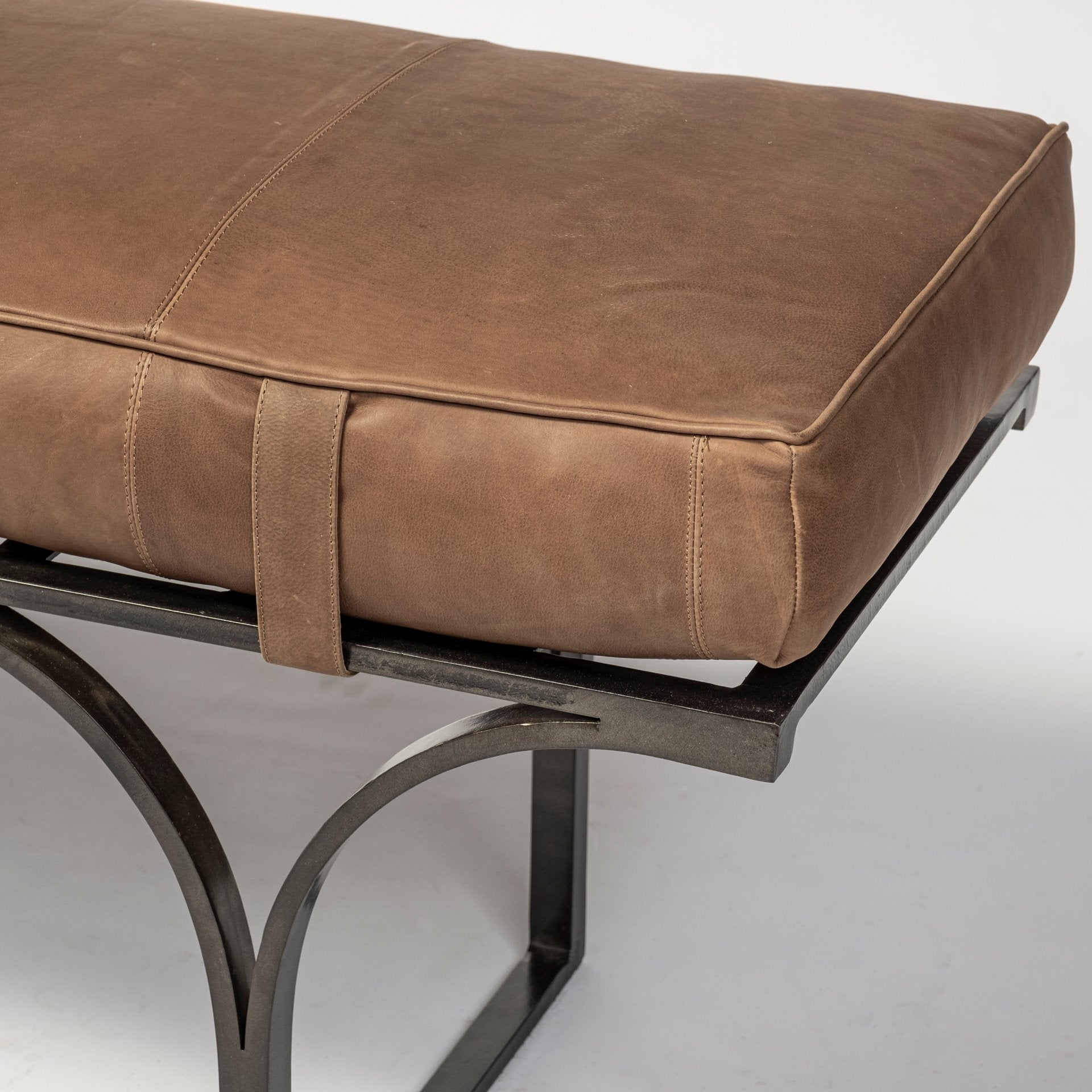 Rectangular Metal/Matte-Black Antiqued Brown Genuine Leather Seat Accent Bench