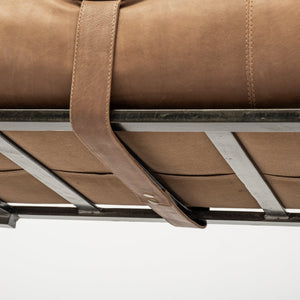 Rectangular Metal/Matte-Black Antiqued Brown Genuine Leather Seat Accent Bench