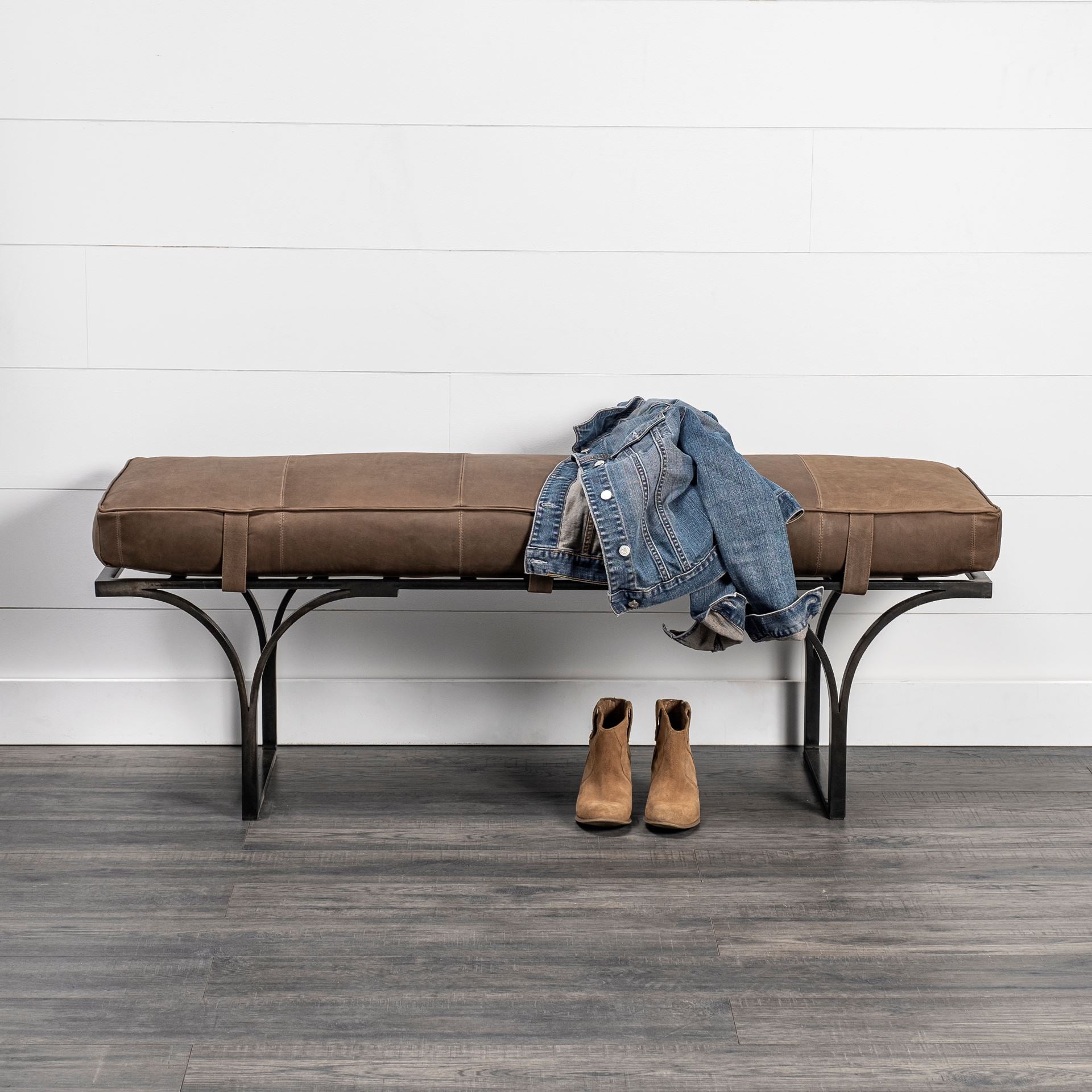Rectangular Metal/Matte-Black Antiqued Brown Genuine Leather Seat Accent Bench
