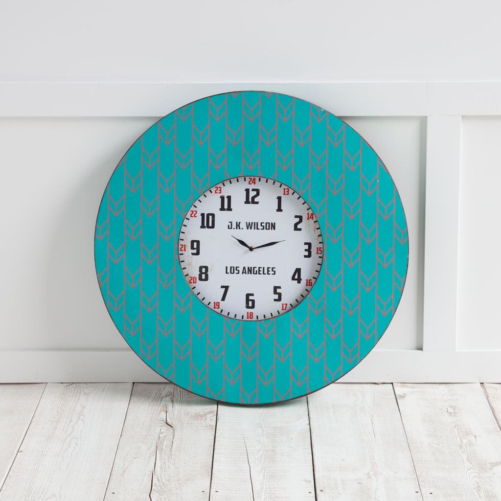 33" Oversize Contemporary Teal and Red Wall Clock w/ Dense Pattern and "JK Wilson Los Angeles"