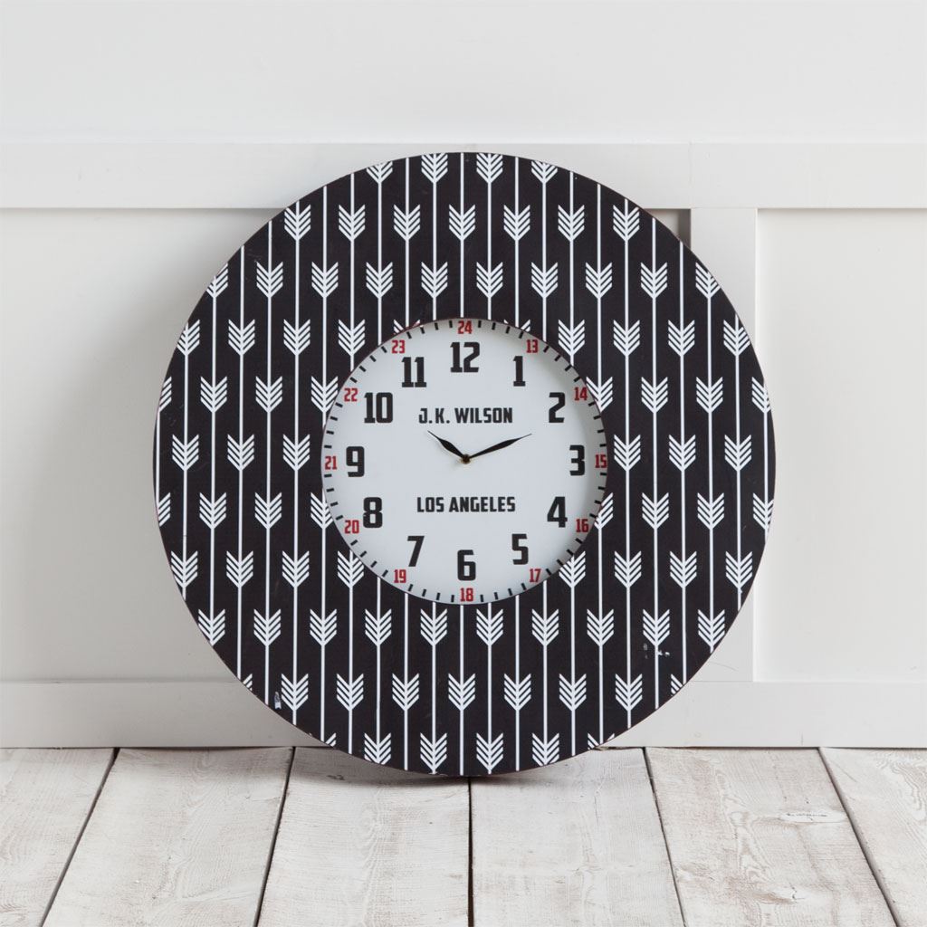 33" Oversize Contemporary Black and White Wall Clock w/ Dense Pattern and "JK Wilson Los Angeles"