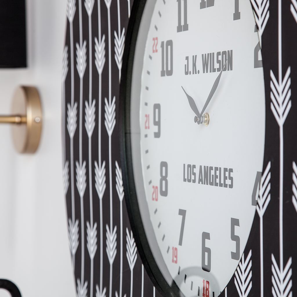 33" Oversize Contemporary Black and White Wall Clock w/ Dense Pattern and "JK Wilson Los Angeles"