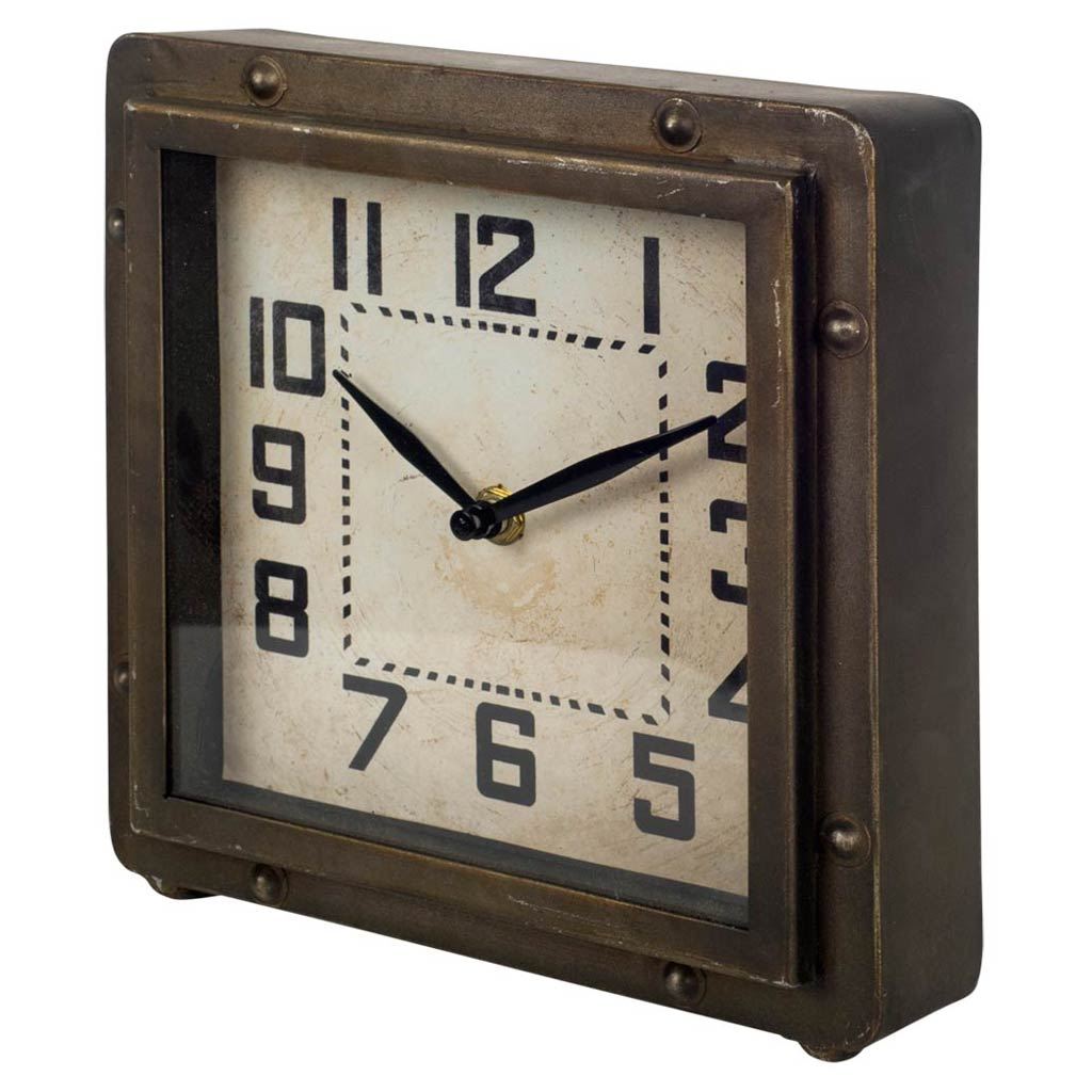 Square  Bronze Toned Metal Desk/Table Clock w/ Traditional Black Numbers and Hands