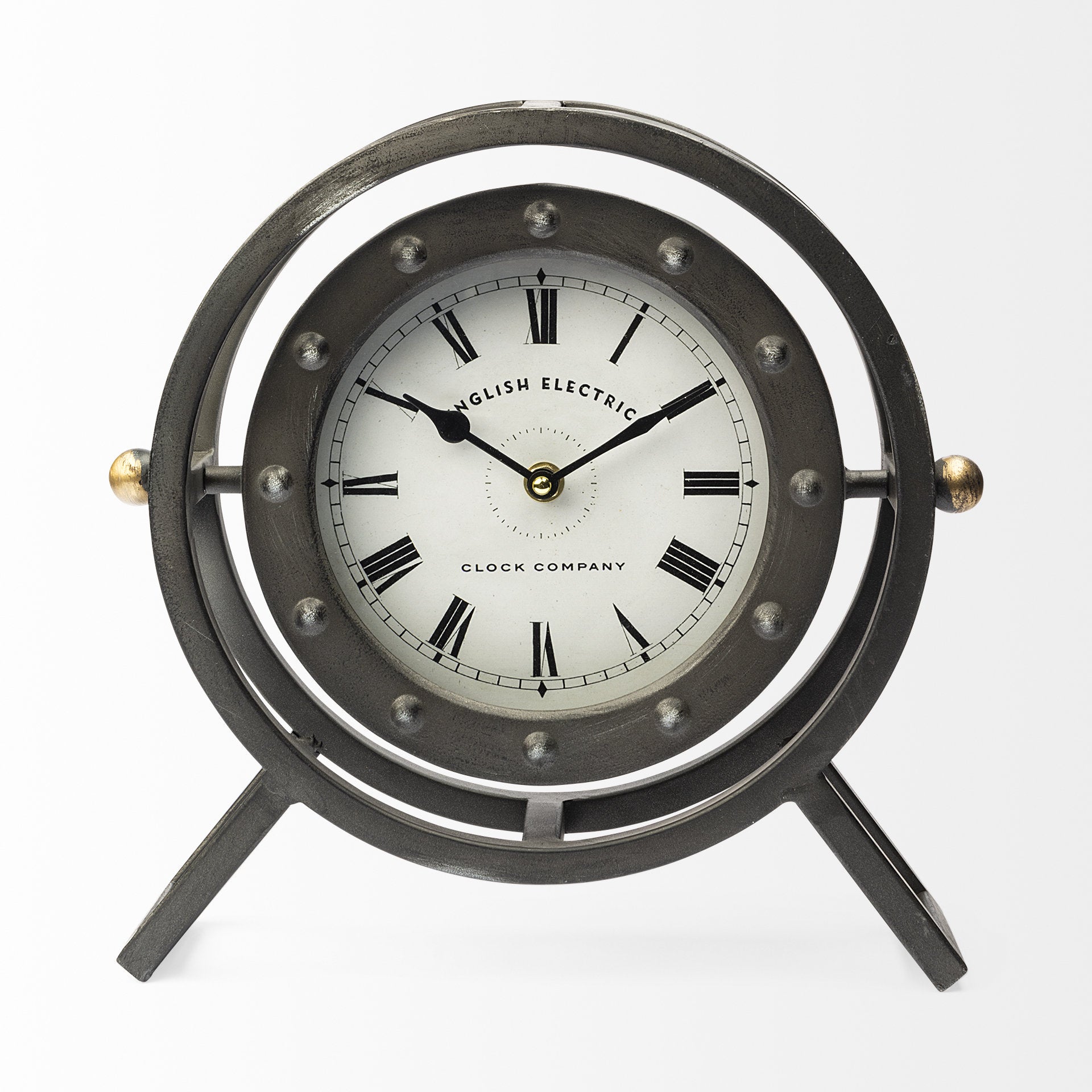 Gray Metal Circular Desk / Table Clock w/  Rivet Detail Frame