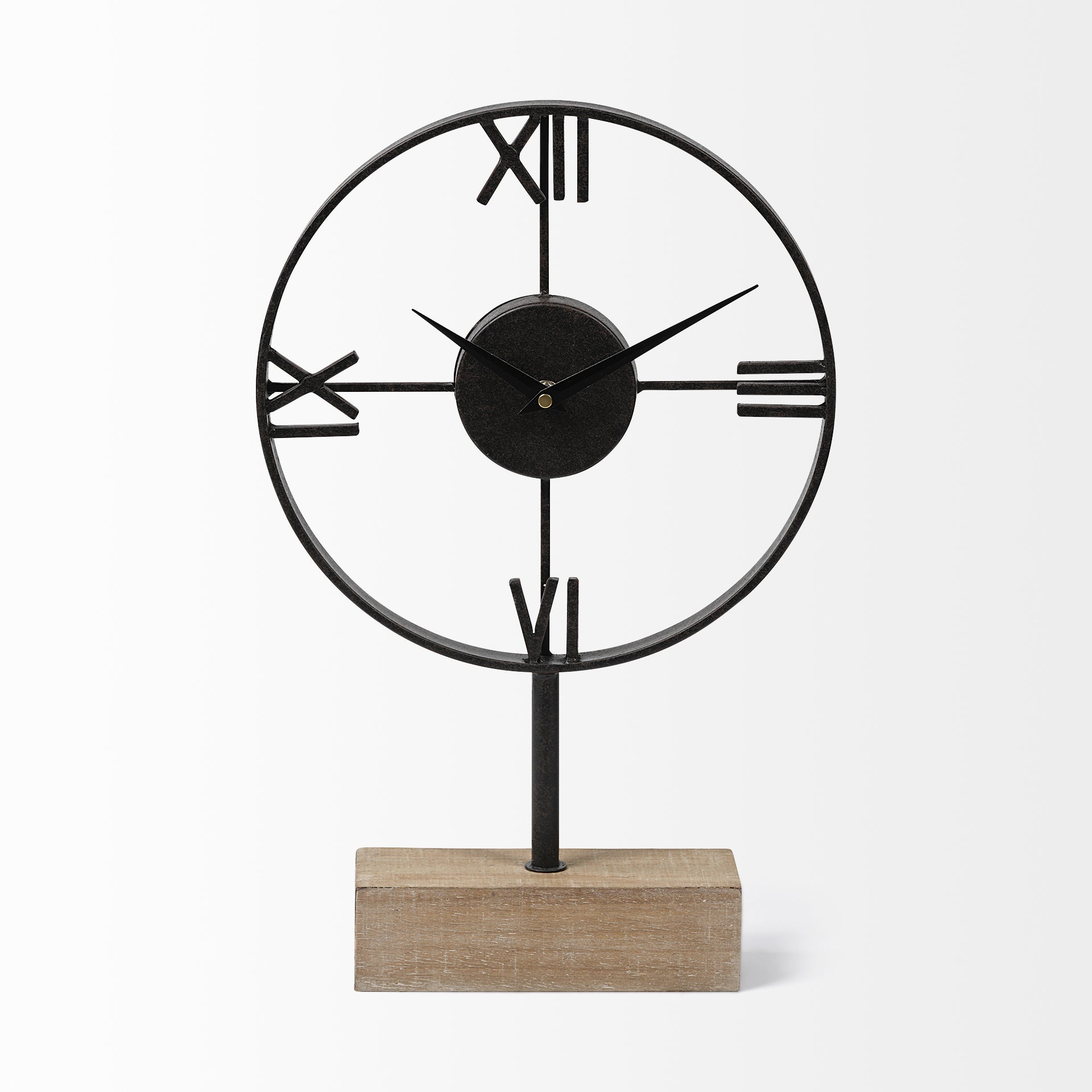Black Metal/Wood Desk / Table Clock w/ Open Metal Frame