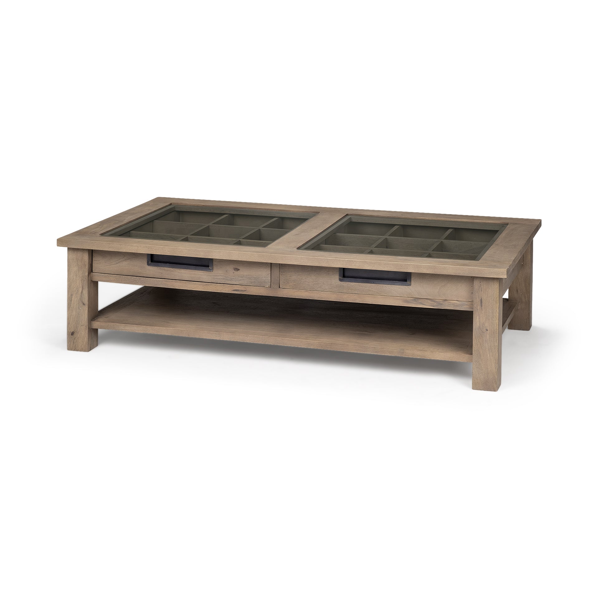 Rectangular Glass Top Solid Wood Base Coffee Table w/ 2 Drawers
