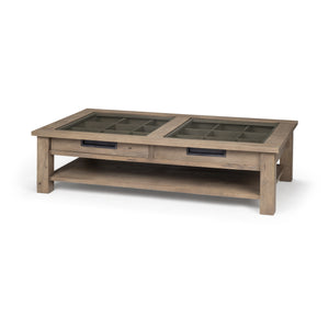 Rectangular Glass Top Solid Wood Base Coffee Table w/ 2 Drawers