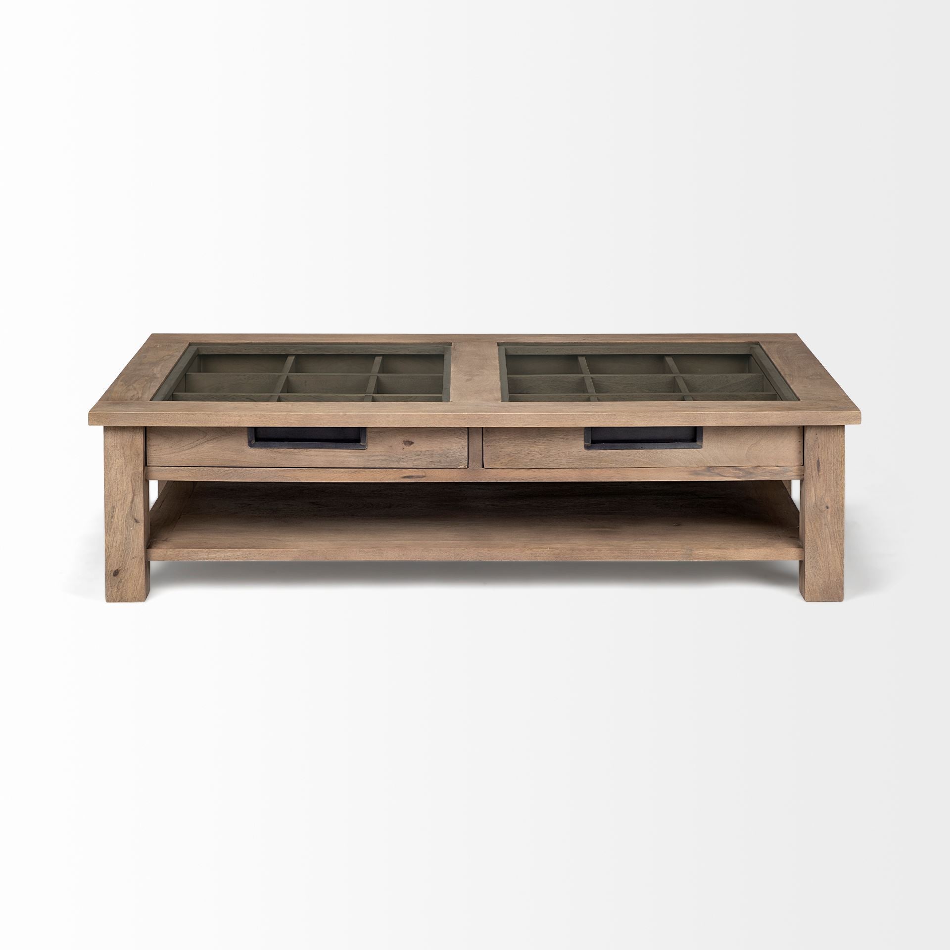 Rectangular Glass Top Solid Wood Base Coffee Table w/ 2 Drawers