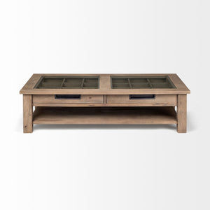 Rectangular Glass Top Solid Wood Base Coffee Table w/ 2 Drawers