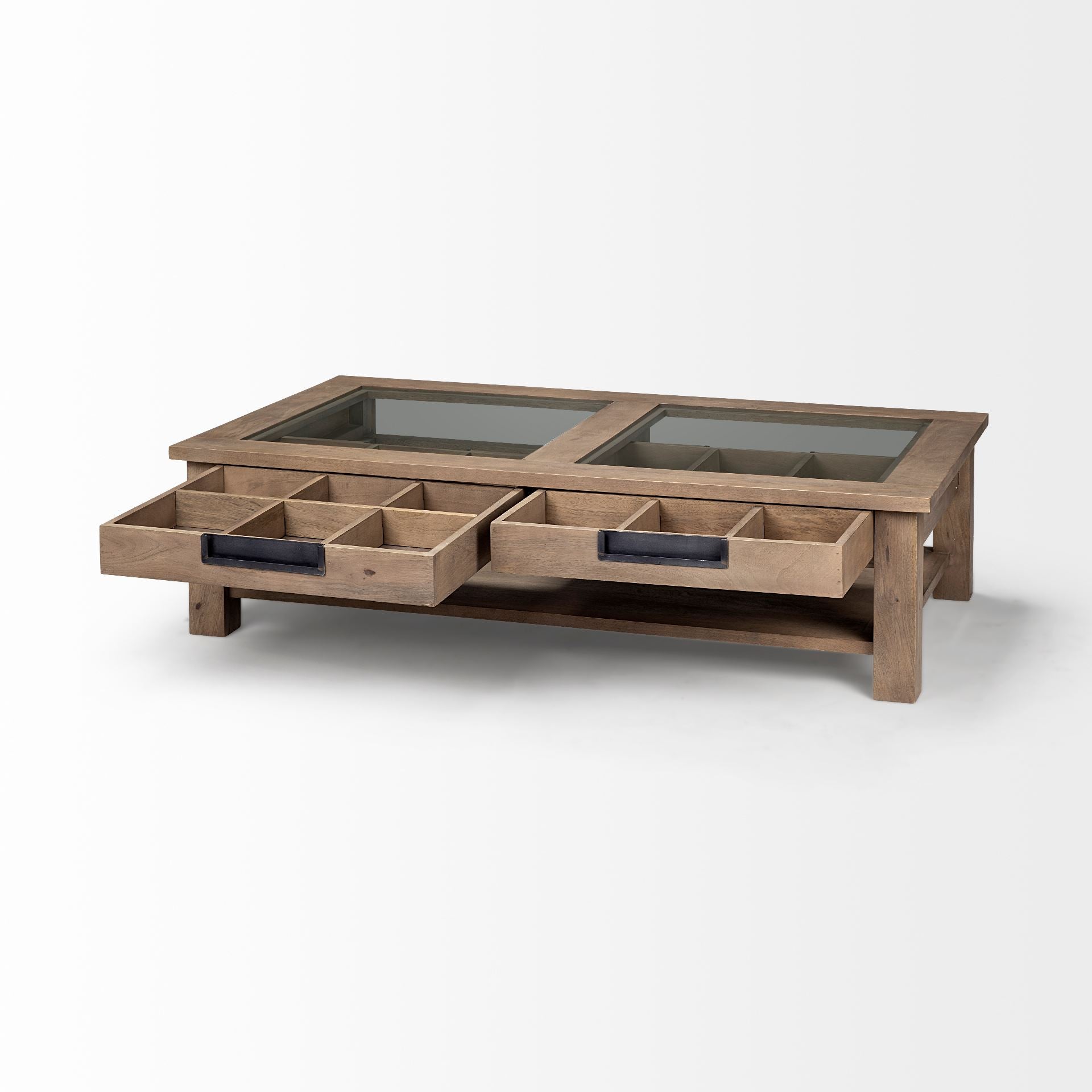 Rectangular Glass Top Solid Wood Base Coffee Table w/ 2 Drawers
