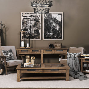 Rectangular Glass Top Solid Wood Base Coffee Table w/ 2 Drawers
