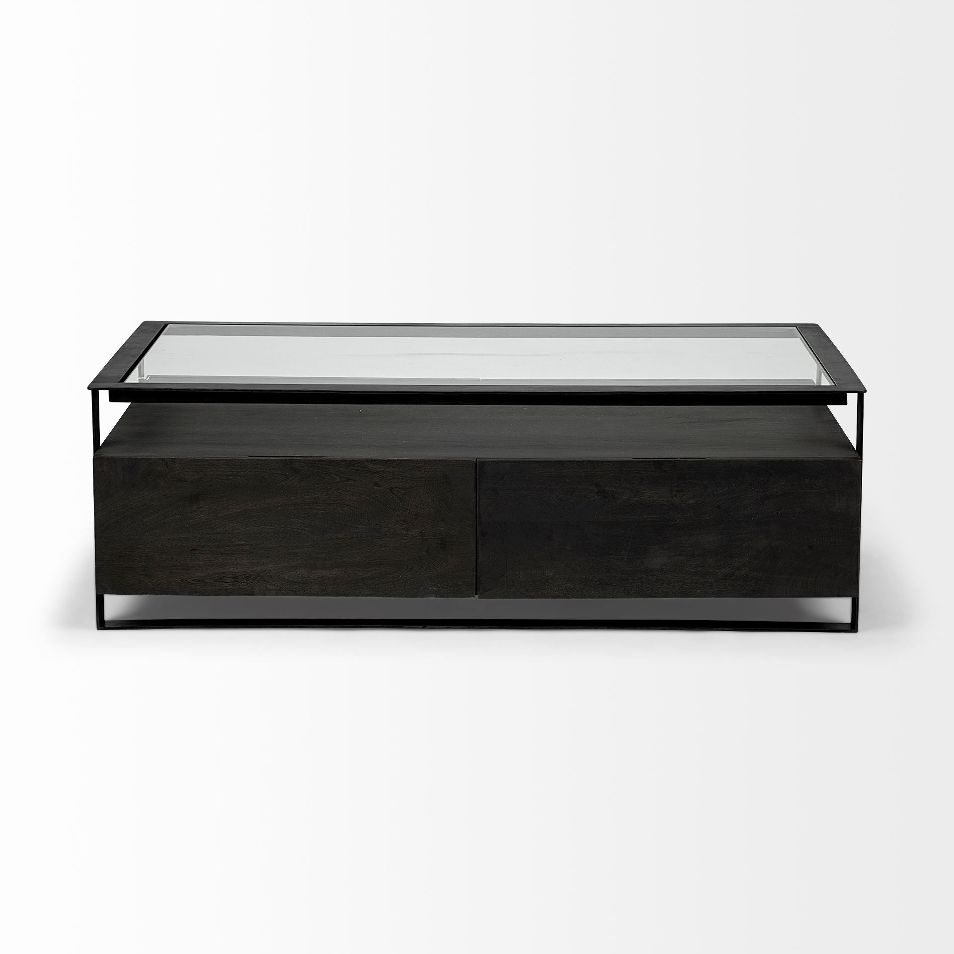Rectangular Glass Top Solid Black Wood Base Coffee Table w/ 2 Drawers