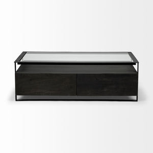 Rectangular Glass Top Solid Black Wood Base Coffee Table w/ 2 Drawers