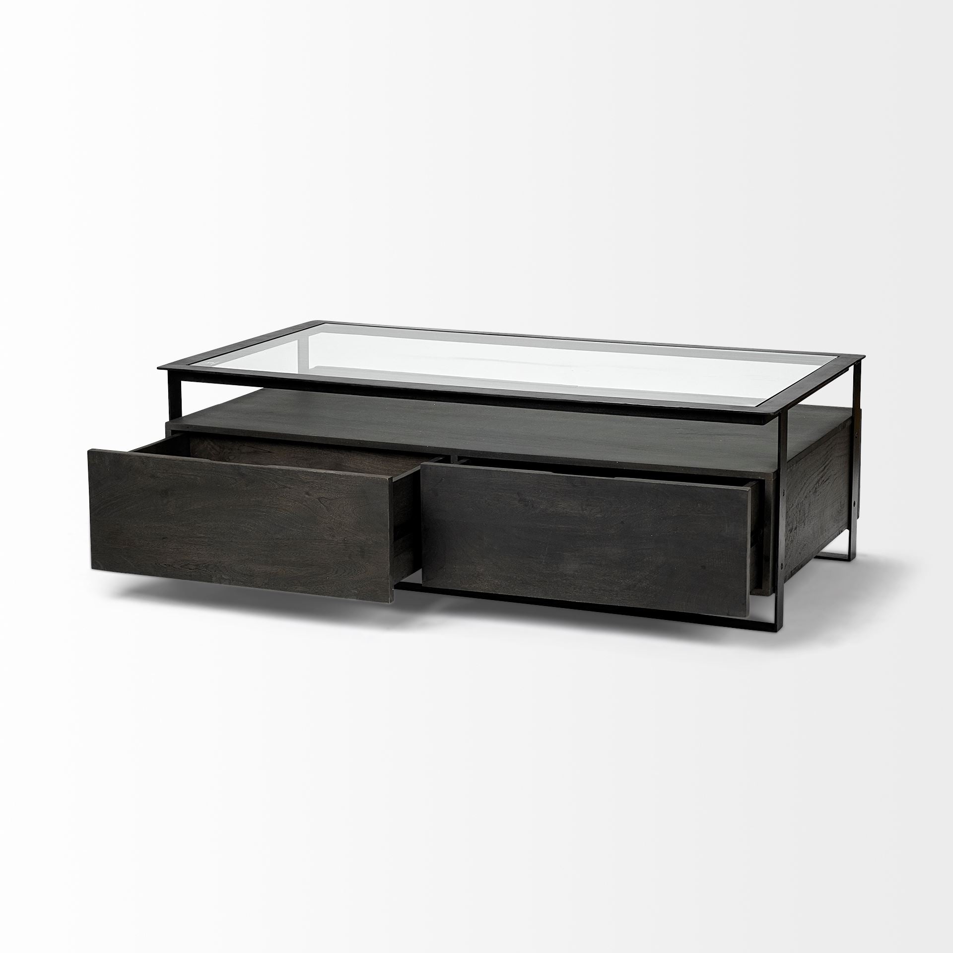 Rectangular Glass Top Solid Black Wood Base Coffee Table w/ 2 Drawers