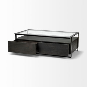 Rectangular Glass Top Solid Black Wood Base Coffee Table w/ 2 Drawers