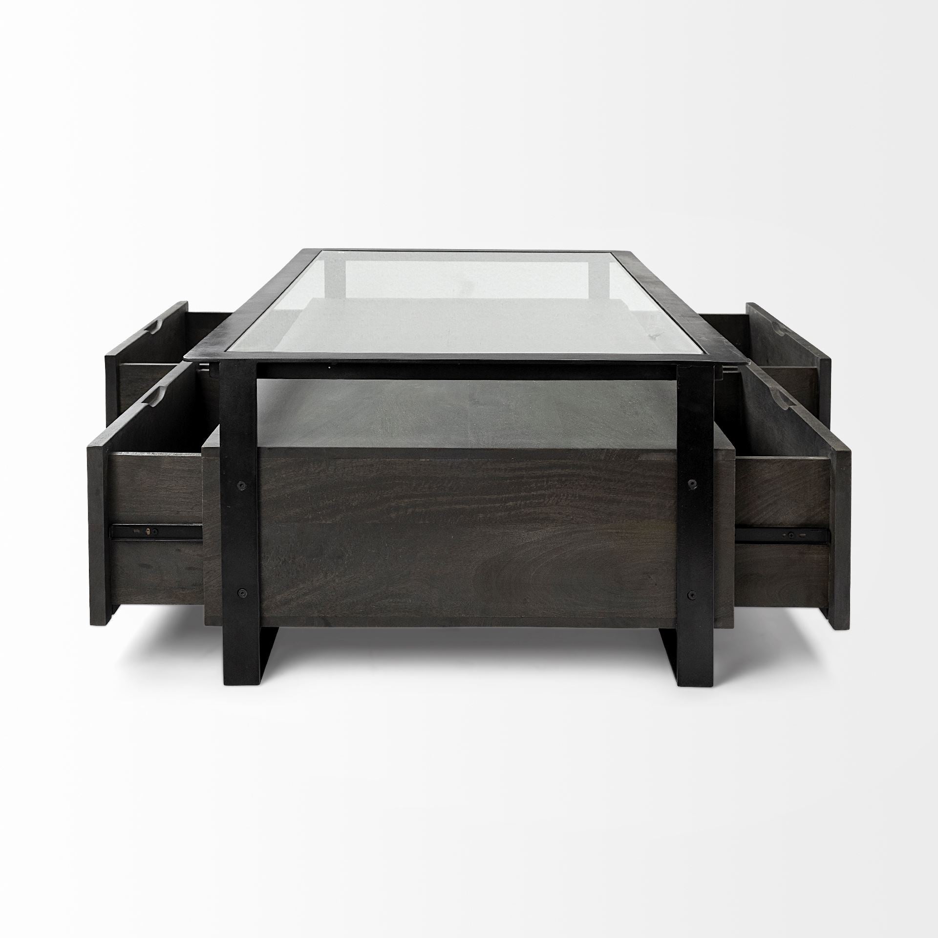 Rectangular Glass Top Solid Black Wood Base Coffee Table w/ 2 Drawers