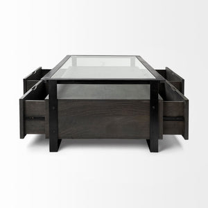 Rectangular Glass Top Solid Black Wood Base Coffee Table w/ 2 Drawers