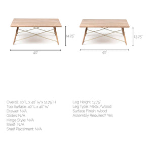 Square Solid Wood Top & Legs Coffee Table w/Metal Bracing