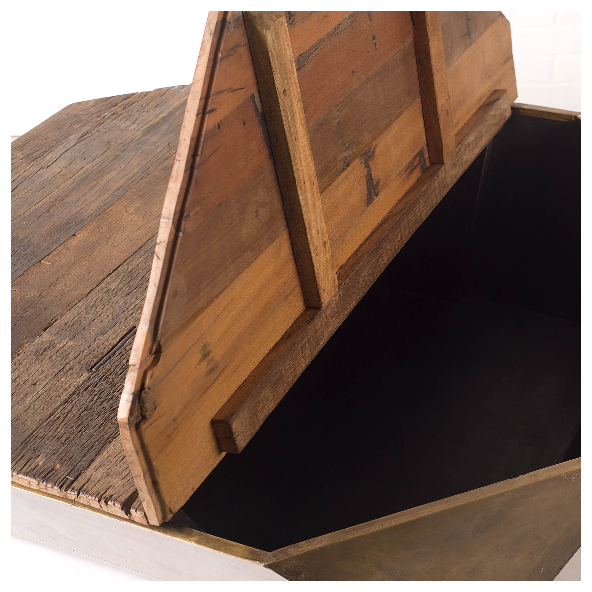 Hexagon Hinged Solid Wood Brass Metal Coffee Table w/ Storage