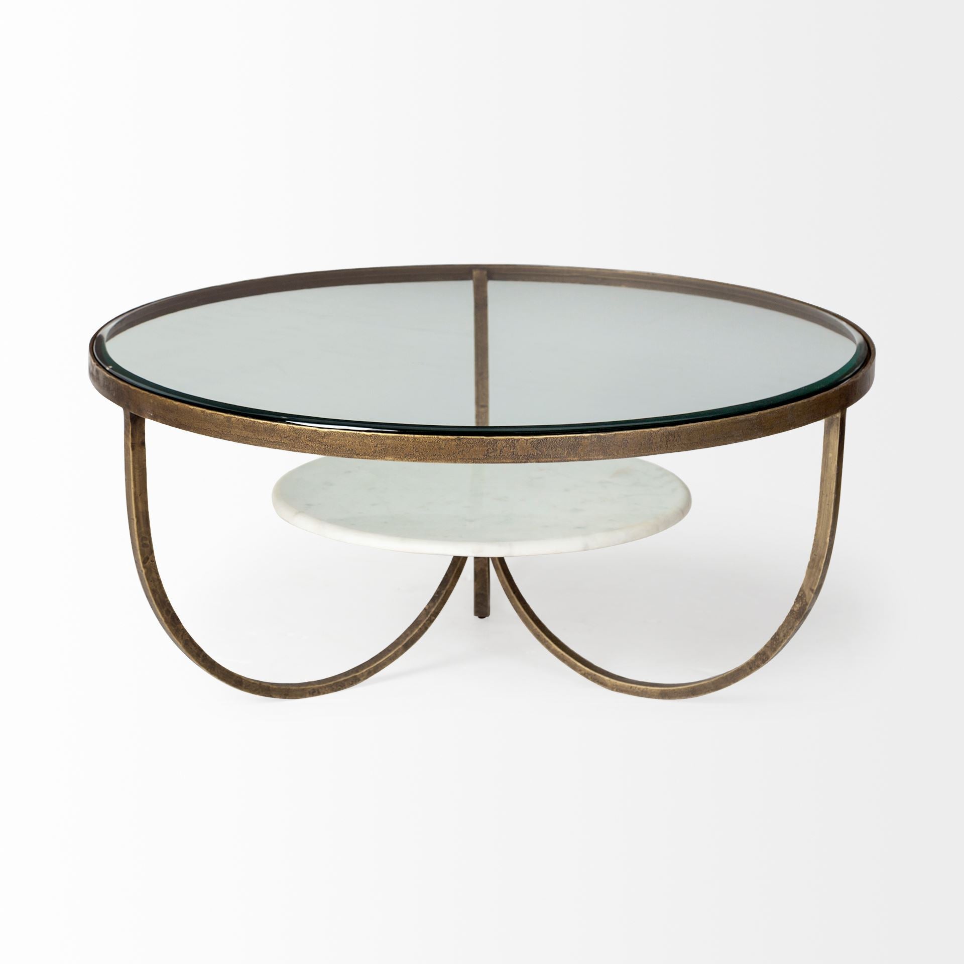 36" Round Glass Top Marble Shelf Gold Base Coffee Table