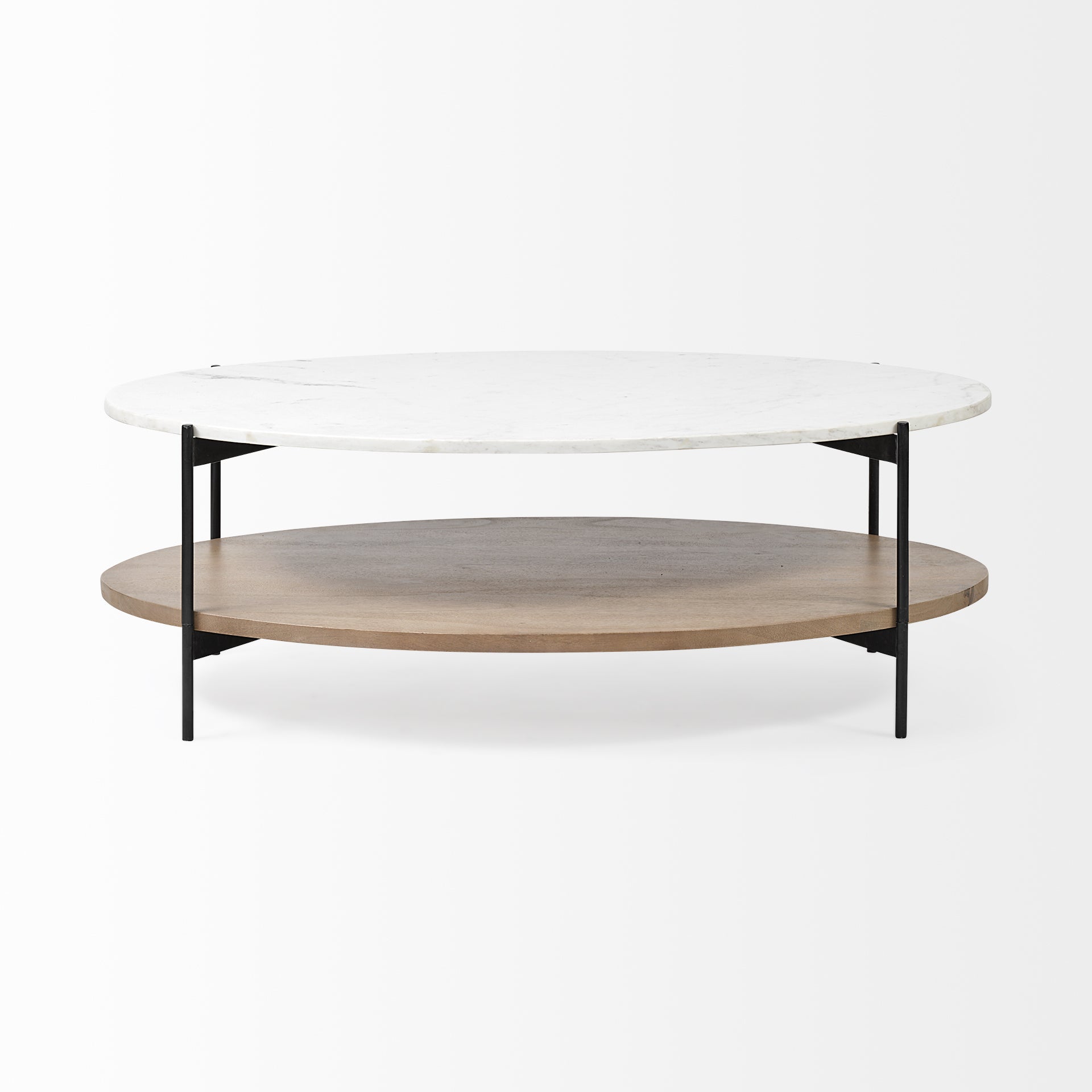 Oval White Marble Top and Black Metal Base Coffee Table w/ Wood Shelf