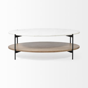 Oval White Marble Top and Black Metal Base Coffee Table w/ Wood Shelf