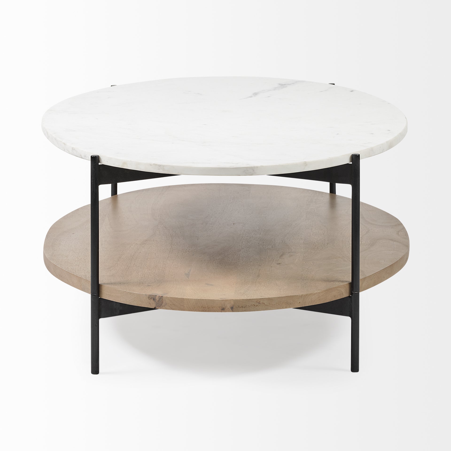 Oval White Marble Top and Black Metal Base Coffee Table w/ Wood Shelf