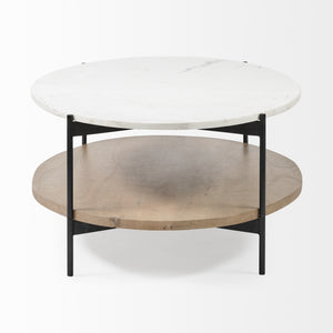 Oval White Marble Top and Black Metal Base Coffee Table w/ Wood Shelf