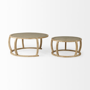 S/2 41.5" Round Woven Cane Glass Top and Solid Wood Coffee Tables