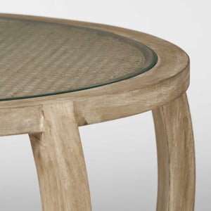 S/2 41.5" Round Woven Cane Glass Top and Solid Wood Coffee Tables
