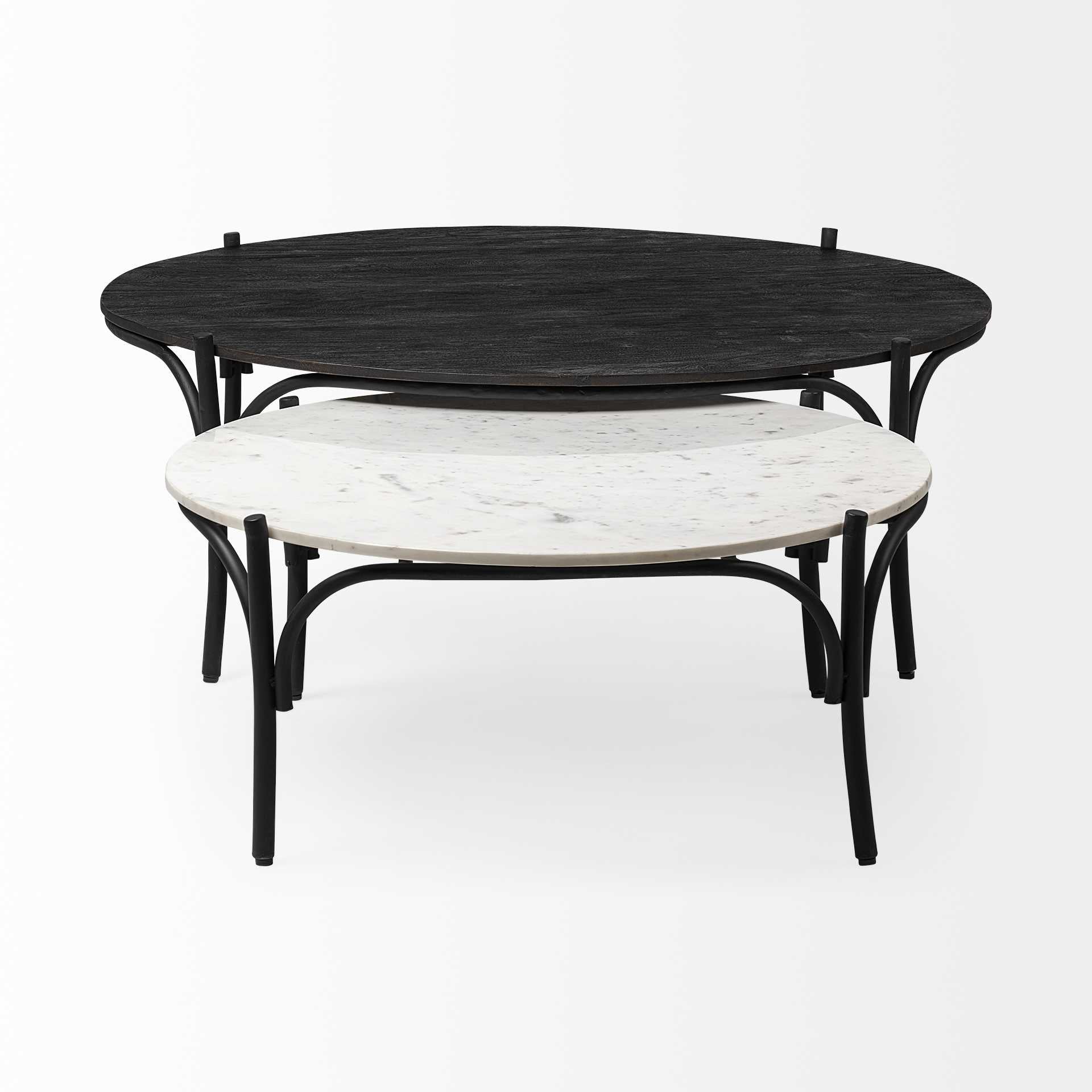 50" Round Black Wood Top and Black Metal Base Coffee Table