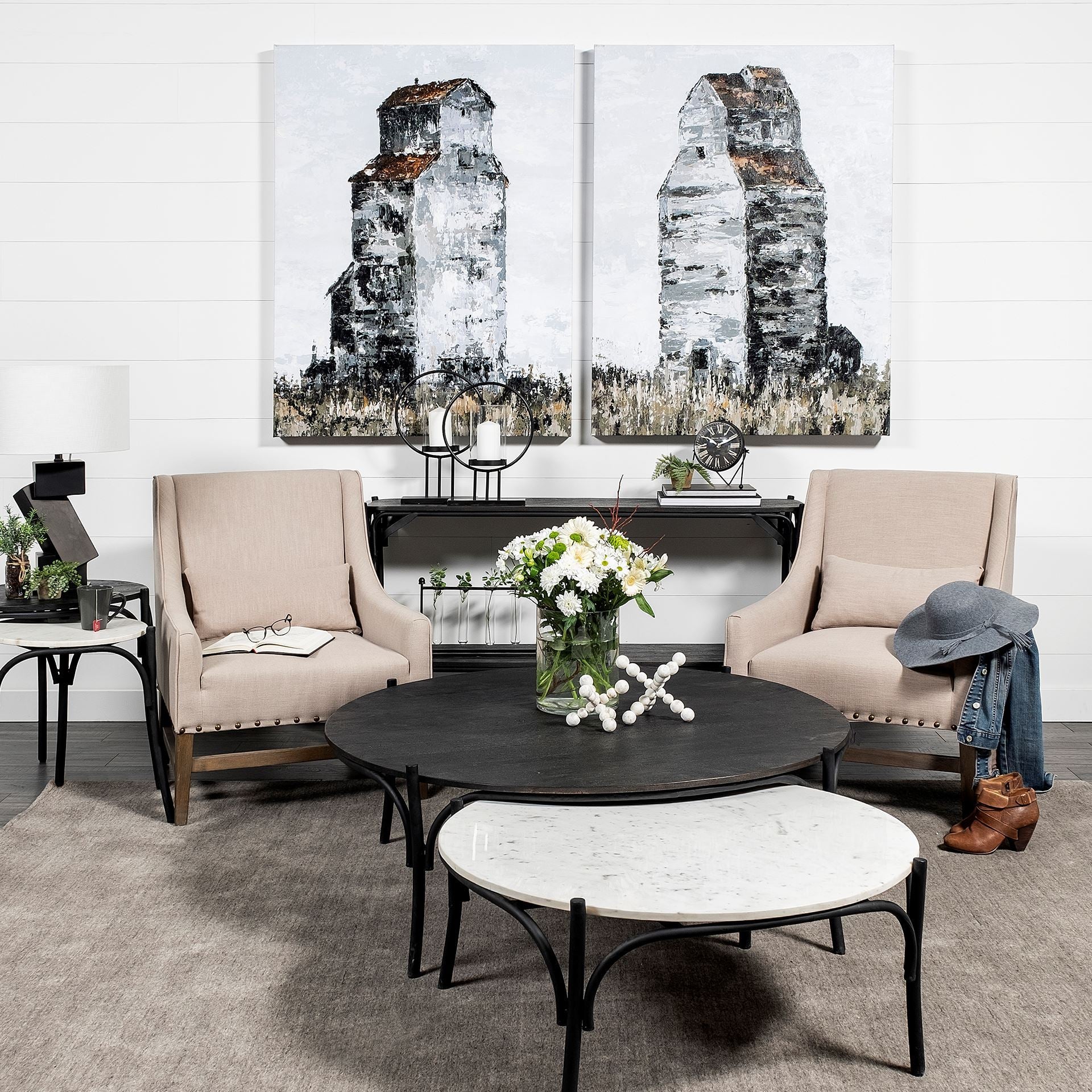 50" Round Black Wood Top and Black Metal Base Coffee Table