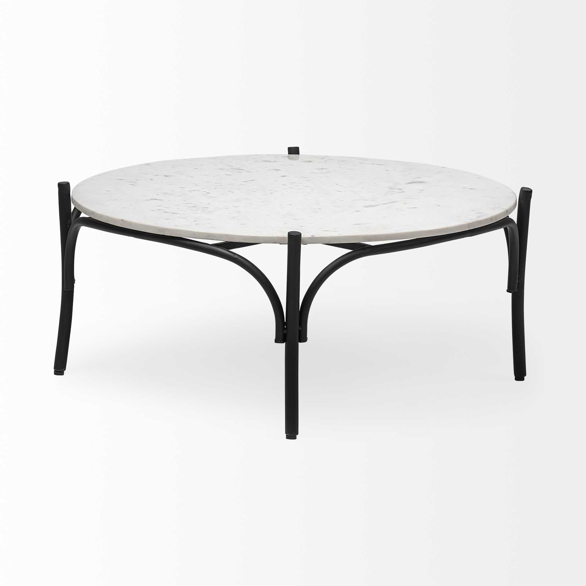 36" Round White Marble Top Black and Metal Base Coffee Table