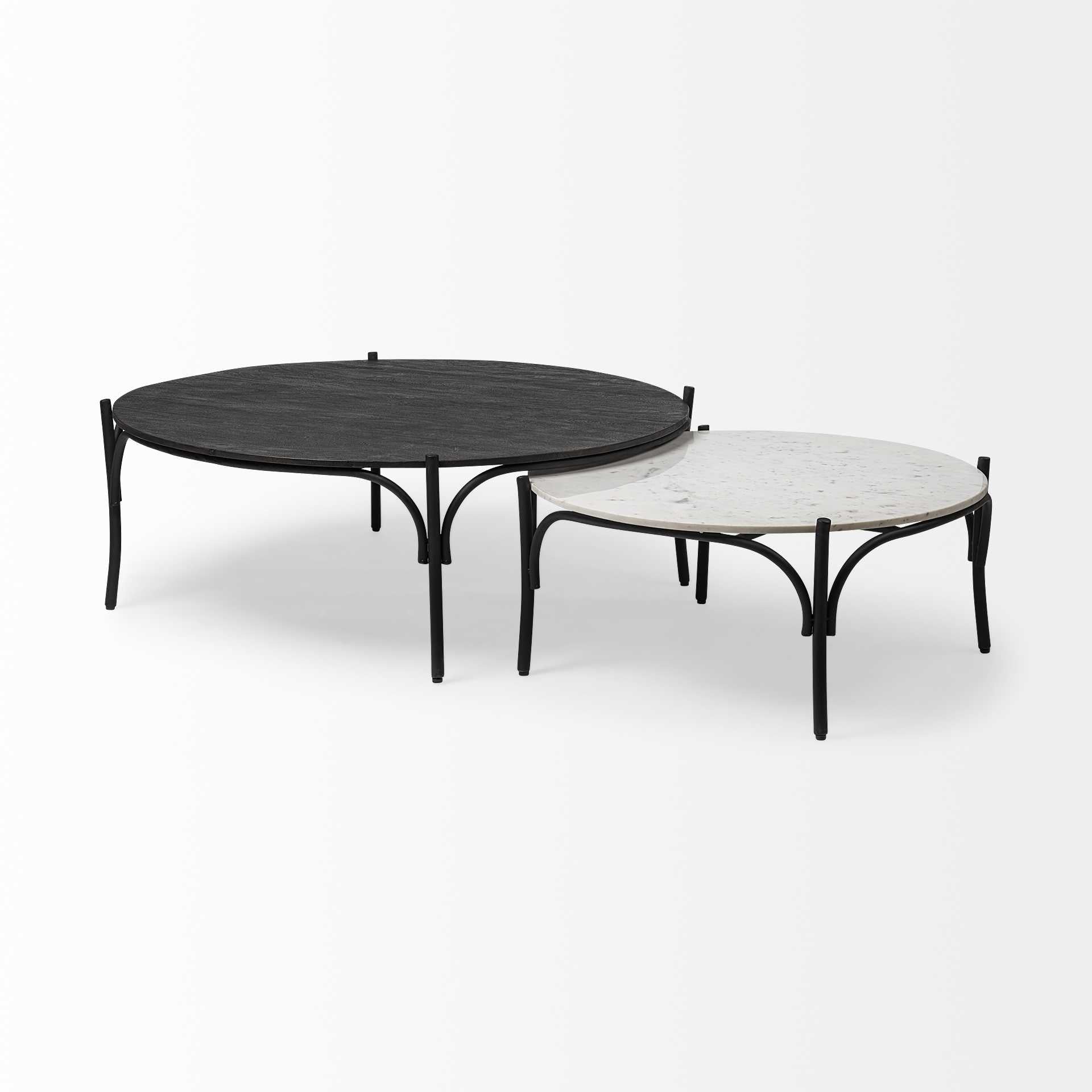 36" Round White Marble Top Black and Metal Base Coffee Table