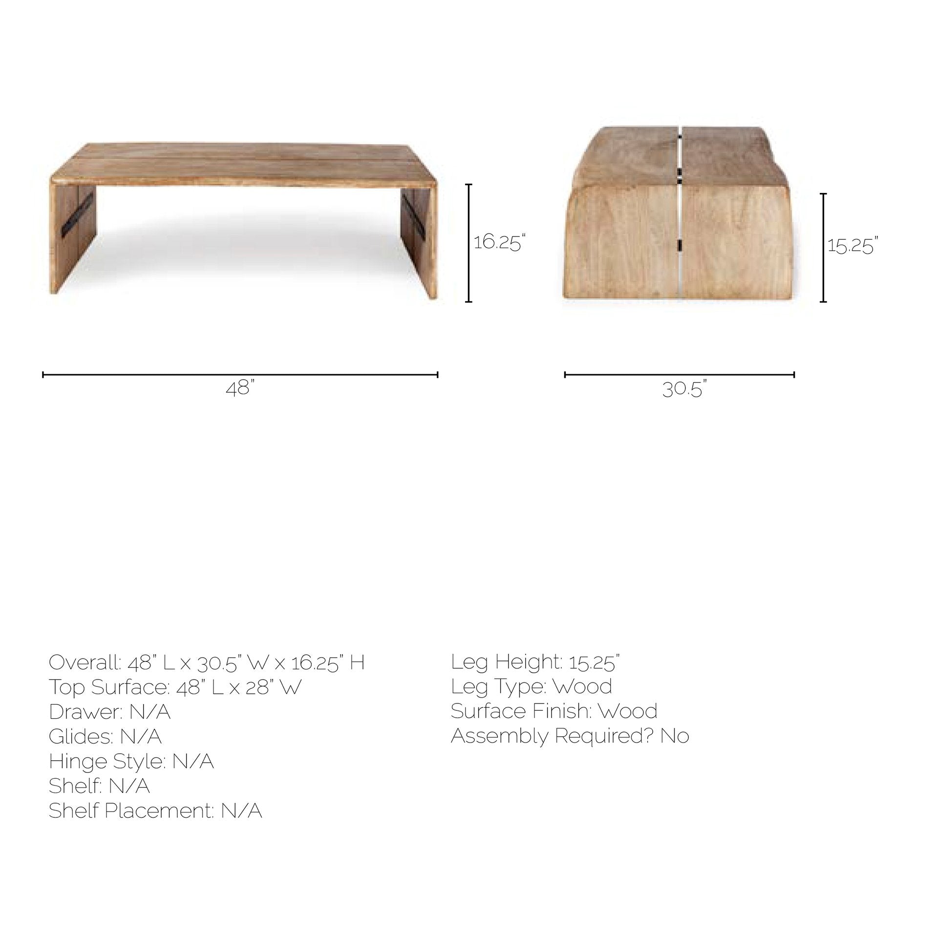 Rectangular Solid Wood Top and Base Coffee Table