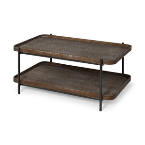 Rectangular Solid Wood Top and Black Metal Frame Two Tier Coffee Table
