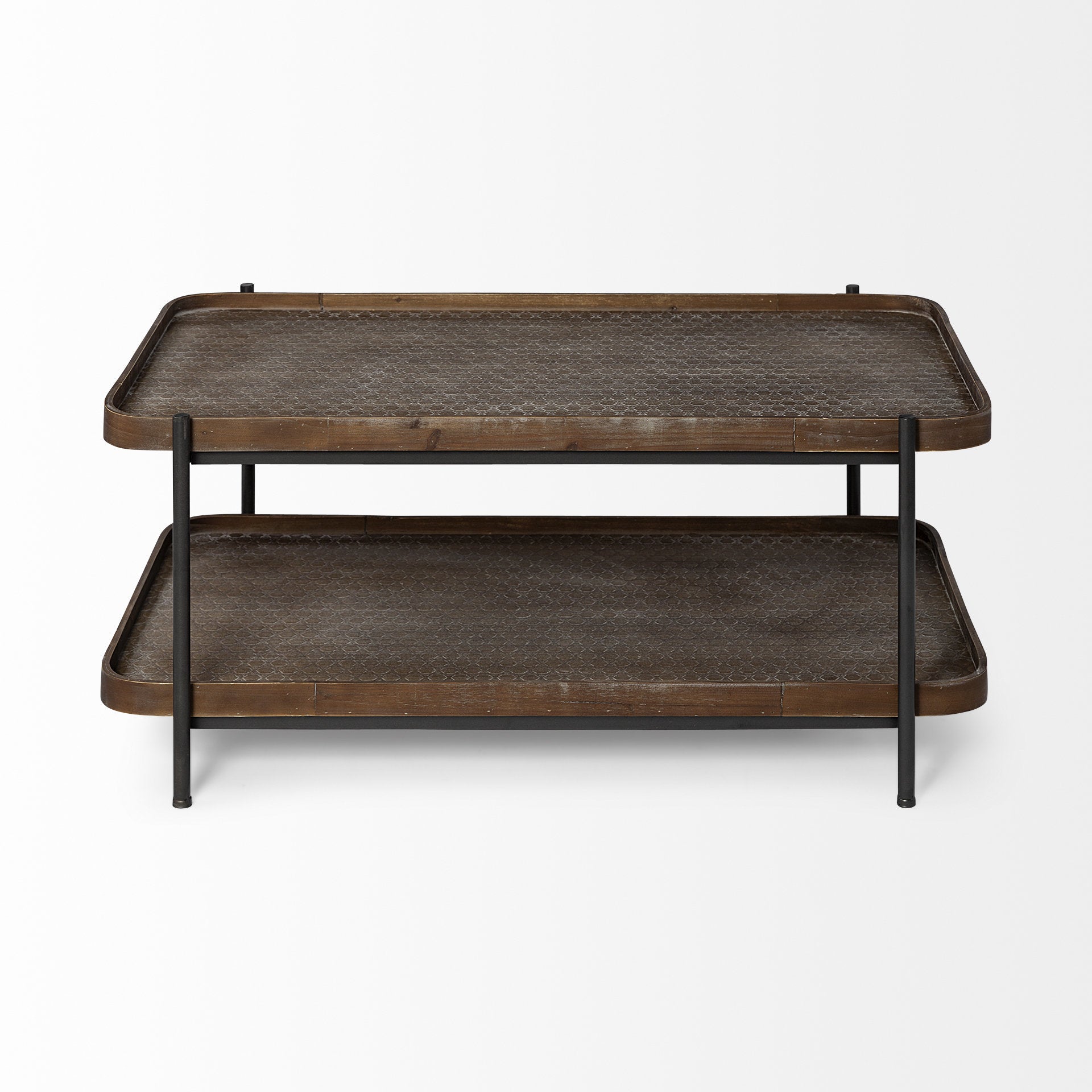 Rectangular Solid Wood Top and Black Metal Frame Two Tier Coffee Table