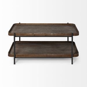 Rectangular Solid Wood Top and Black Metal Frame Two Tier Coffee Table