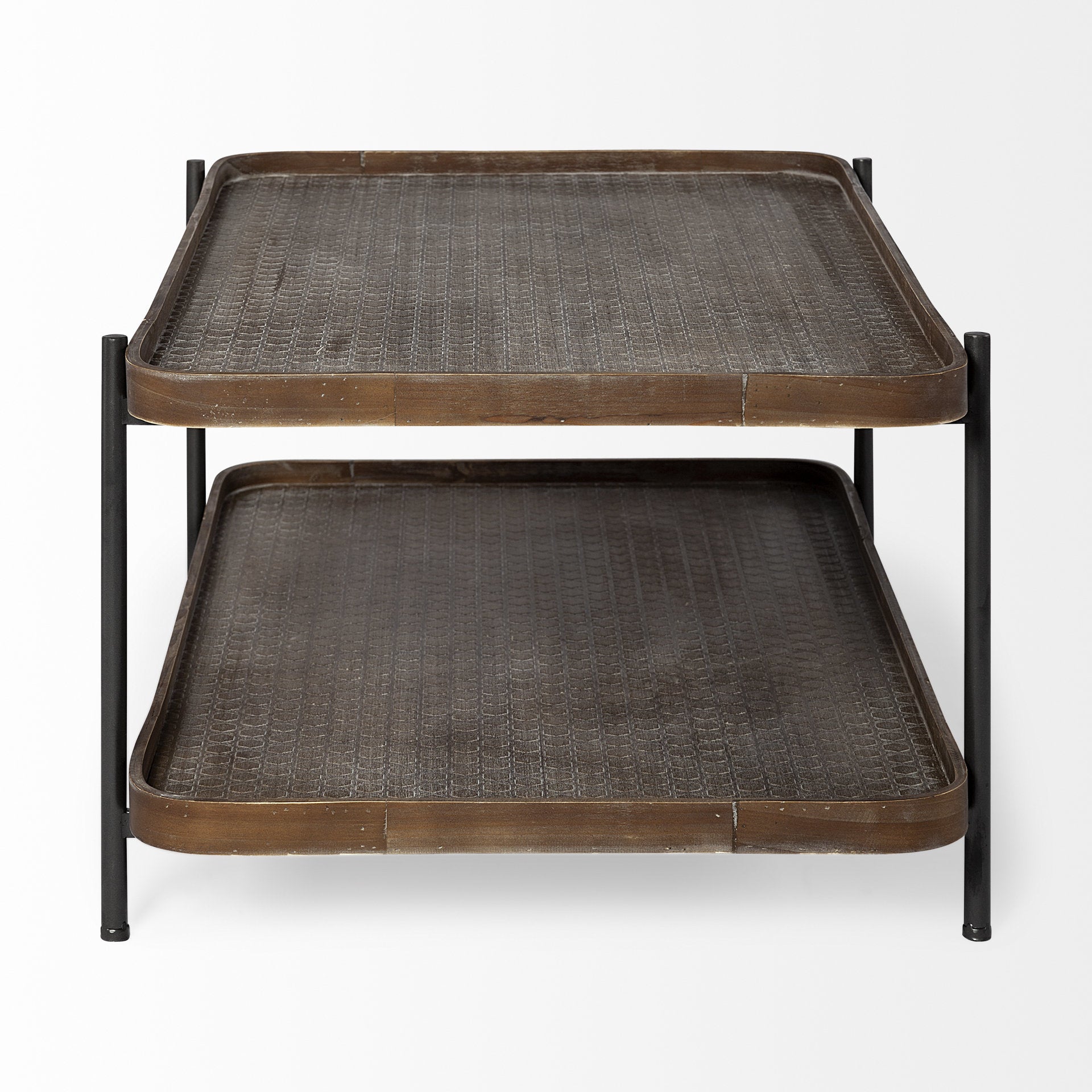 Rectangular Solid Wood Top and Black Metal Frame Two Tier Coffee Table