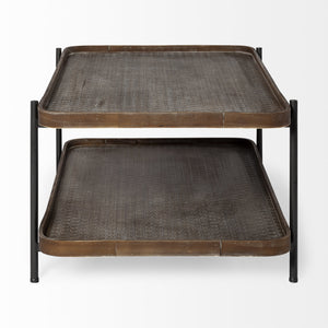 Rectangular Solid Wood Top and Black Metal Frame Two Tier Coffee Table