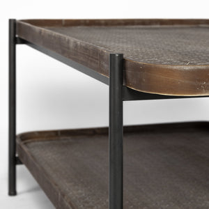 Rectangular Solid Wood Top and Black Metal Frame Two Tier Coffee Table