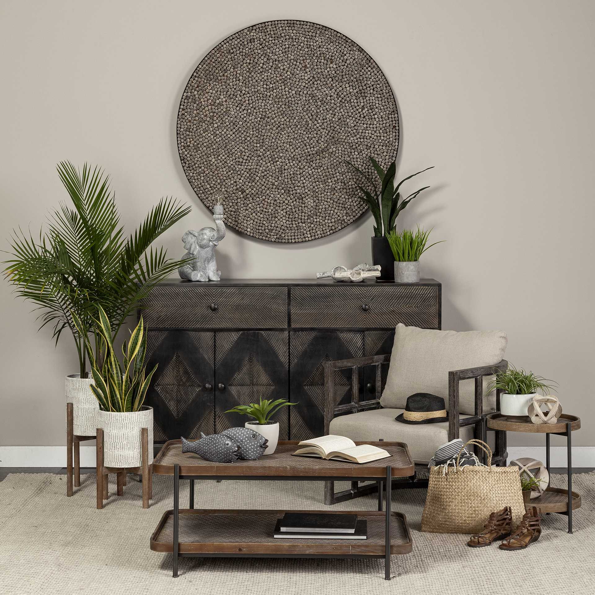 Rectangular Solid Wood Top and Black Metal Frame Two Tier Coffee Table