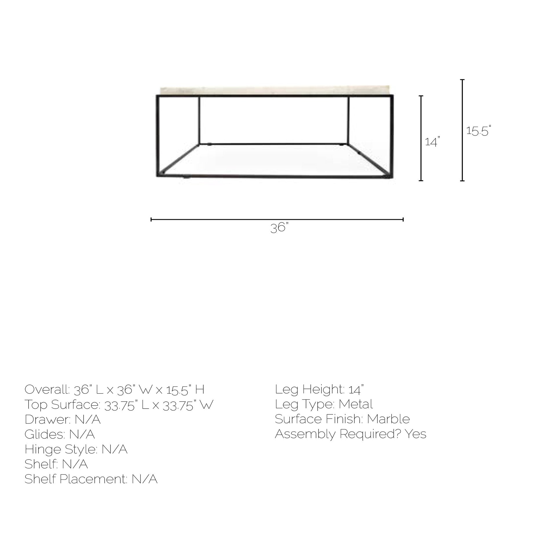 Square White Marble Top and Black Metal Base Coffee Table