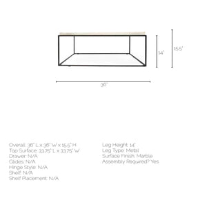 Square White Marble Top and Black Metal Base Coffee Table