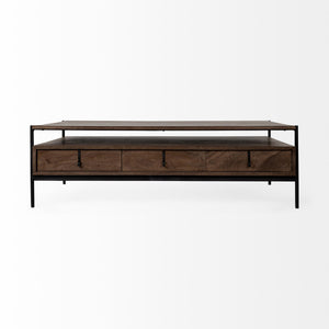 Rectangular Solid Wood and Black Metal Coffee Table w/ 3 Drawers