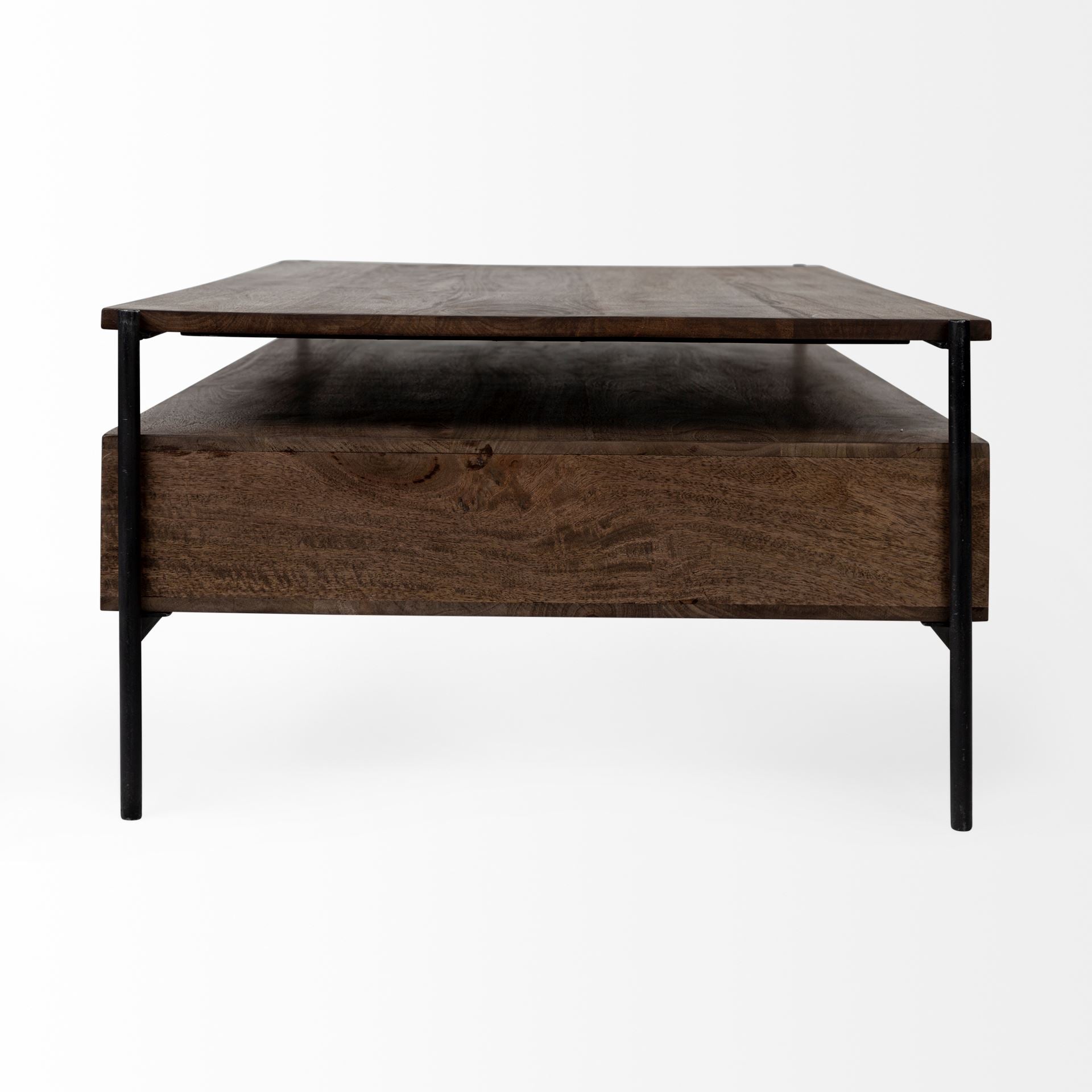 Rectangular Solid Wood and Black Metal Coffee Table w/ 3 Drawers