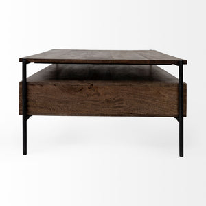 Rectangular Solid Wood and Black Metal Coffee Table w/ 3 Drawers